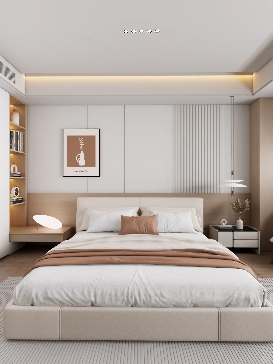 Los paneles NECOWOOD WPC crean un dormitorio principal acogedor y moderno estilo madera