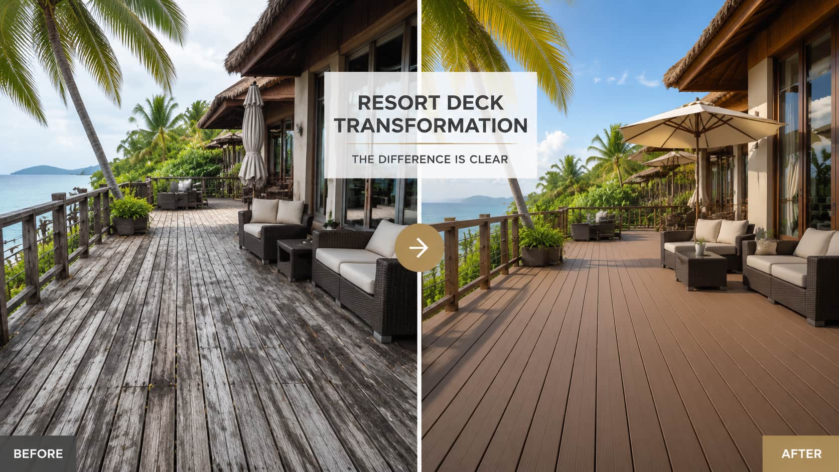 Before and after comparison of resort decking replacement