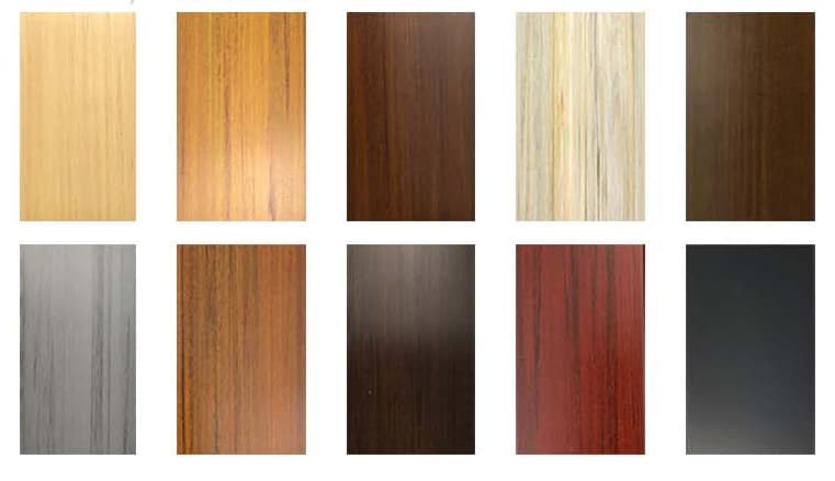 Necowood WPC wall panel colors chart with cream, walnut, charcoal, teal and London brown finishes